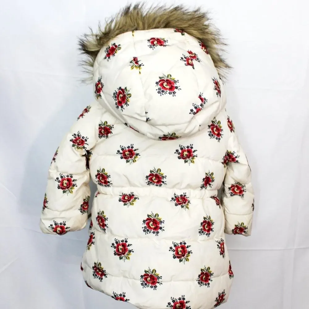 Baby Gap Floral Puffer Fur Hooded Coat 18-24 Months